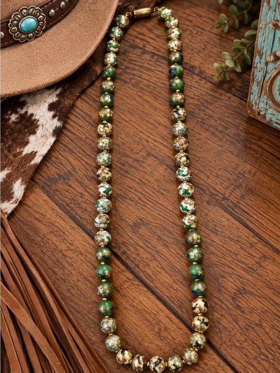 Jewelry - Cloisonné Enamel Floral Beaded Long Necklace Green Gold Boho Statement
